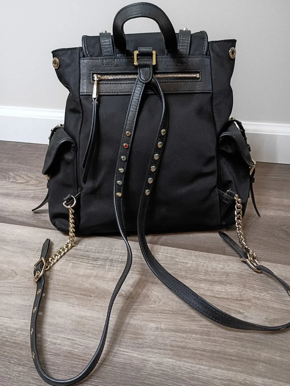 Michael Kors Classic Casual Black Nylon Leather Gold Studded Cargo Backpack‎ Bag